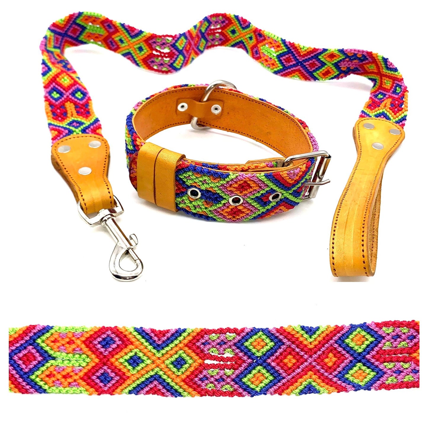 Mexican Embroidered Leather Dog Collar & Lead Set – S/M (39–47cm Neck) – 55cm Collar