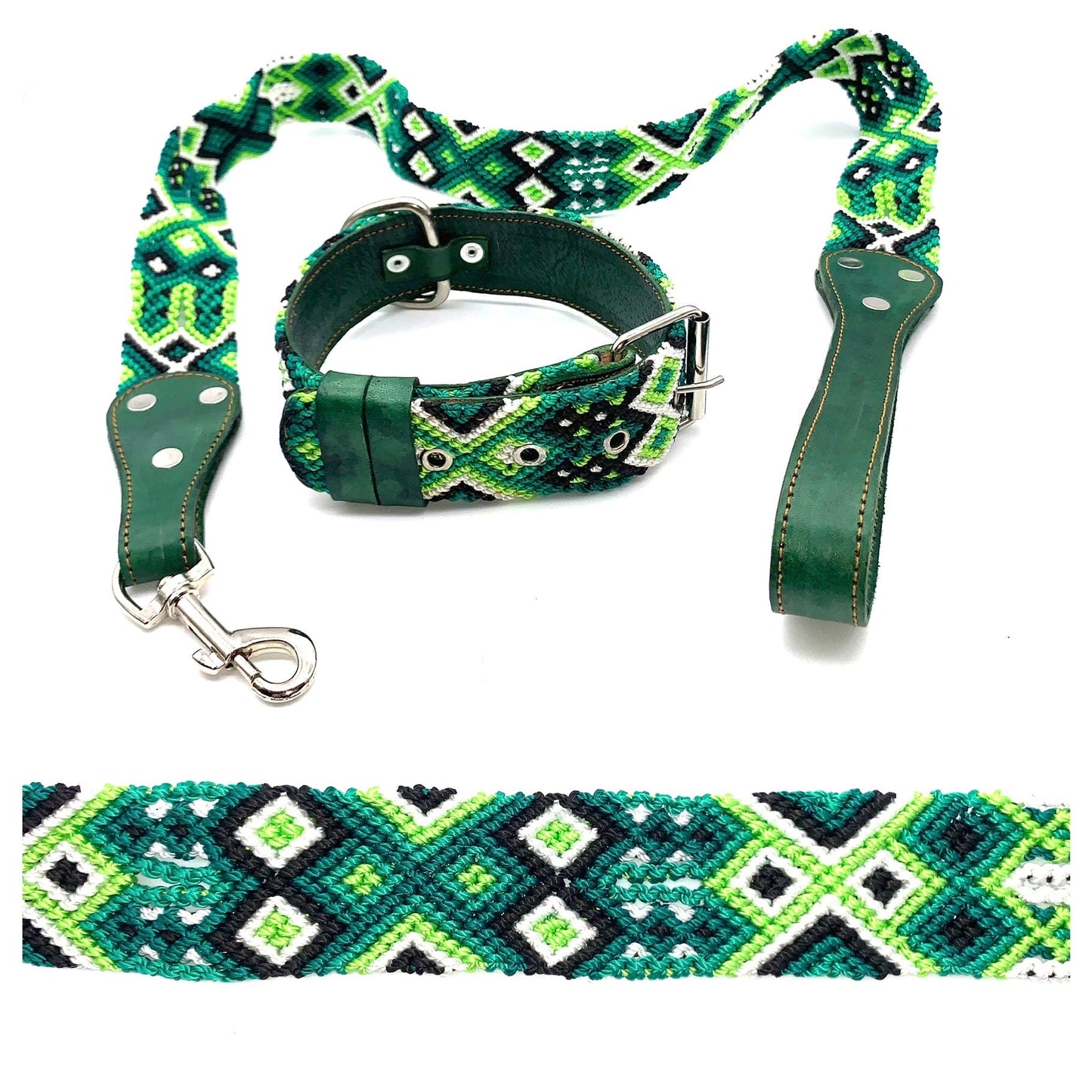 Mexican Embroidered Leather Dog Collar & Lead Set – S/M (39–47cm Neck) – 55cm Collar