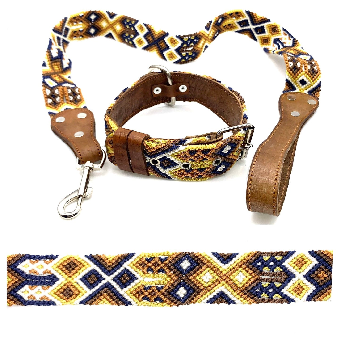 Mexican Embroidered Leather Dog Collar & Lead Set – S/M (39–47cm Neck) – 55cm Collar