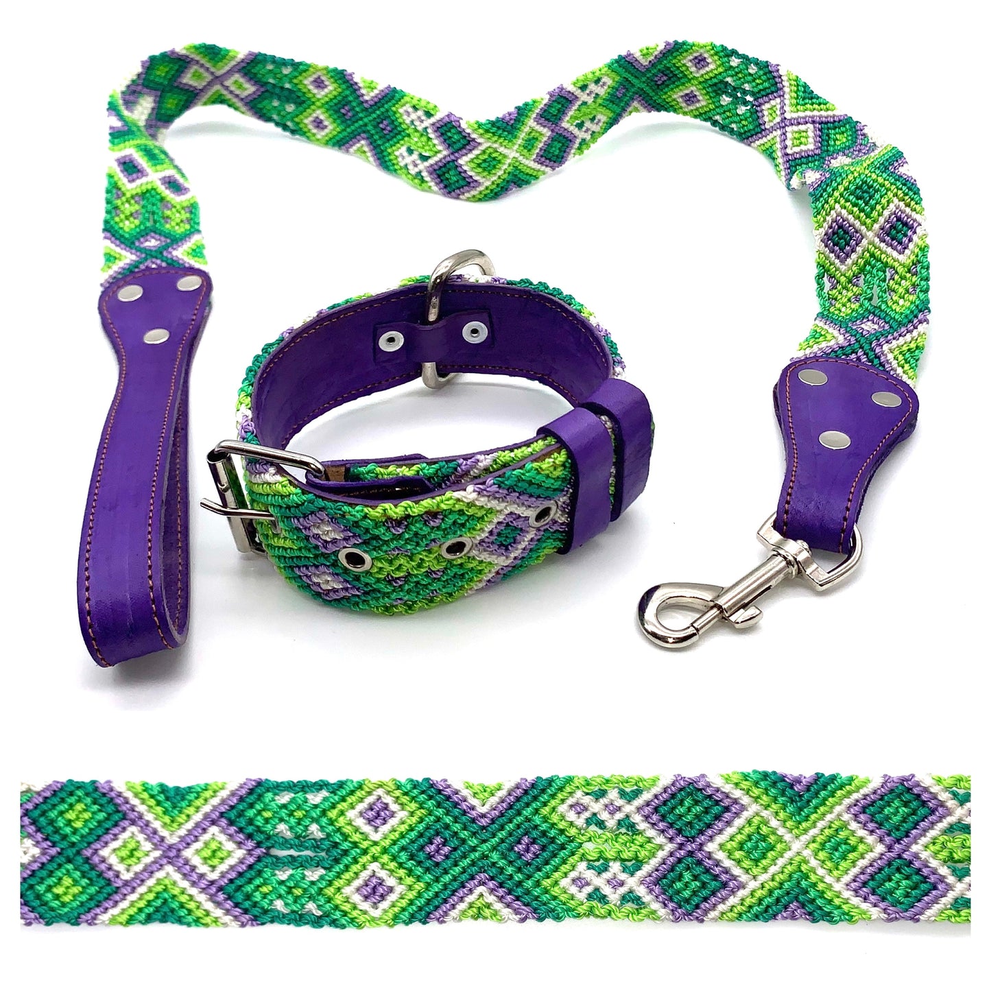 Mexican Embroidered Leather Dog Collar & Lead Set – Small (35–43cm Neck) – 50cm Collar