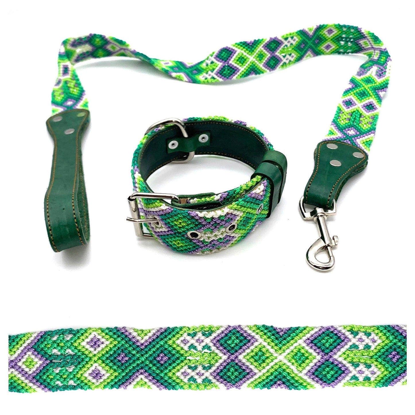 Mexican Embroidered Leather Dog Collar & Lead Set – Small (35–43cm Neck) – 50cm Collar