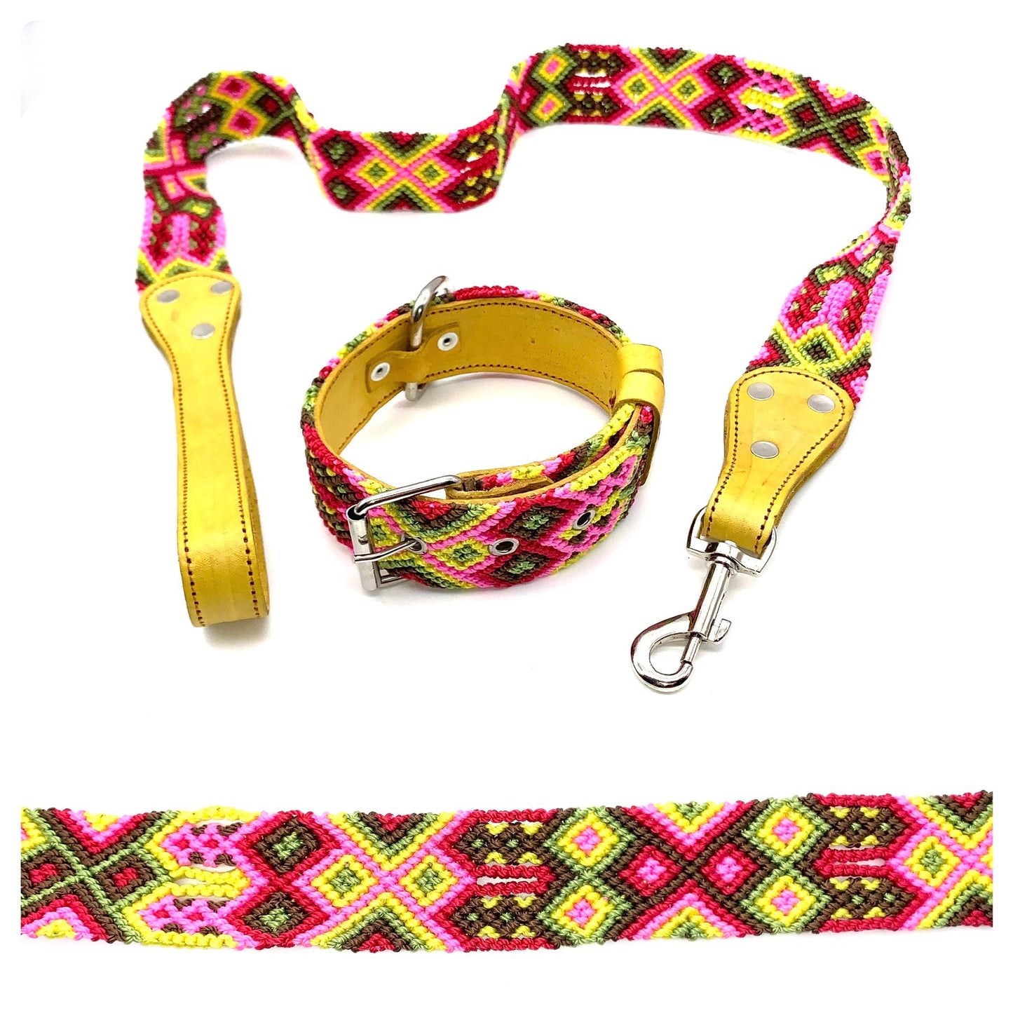 Mexican Embroidered Leather Dog Collar & Lead Set – Small (35–43cm Neck) – 50cm Collar