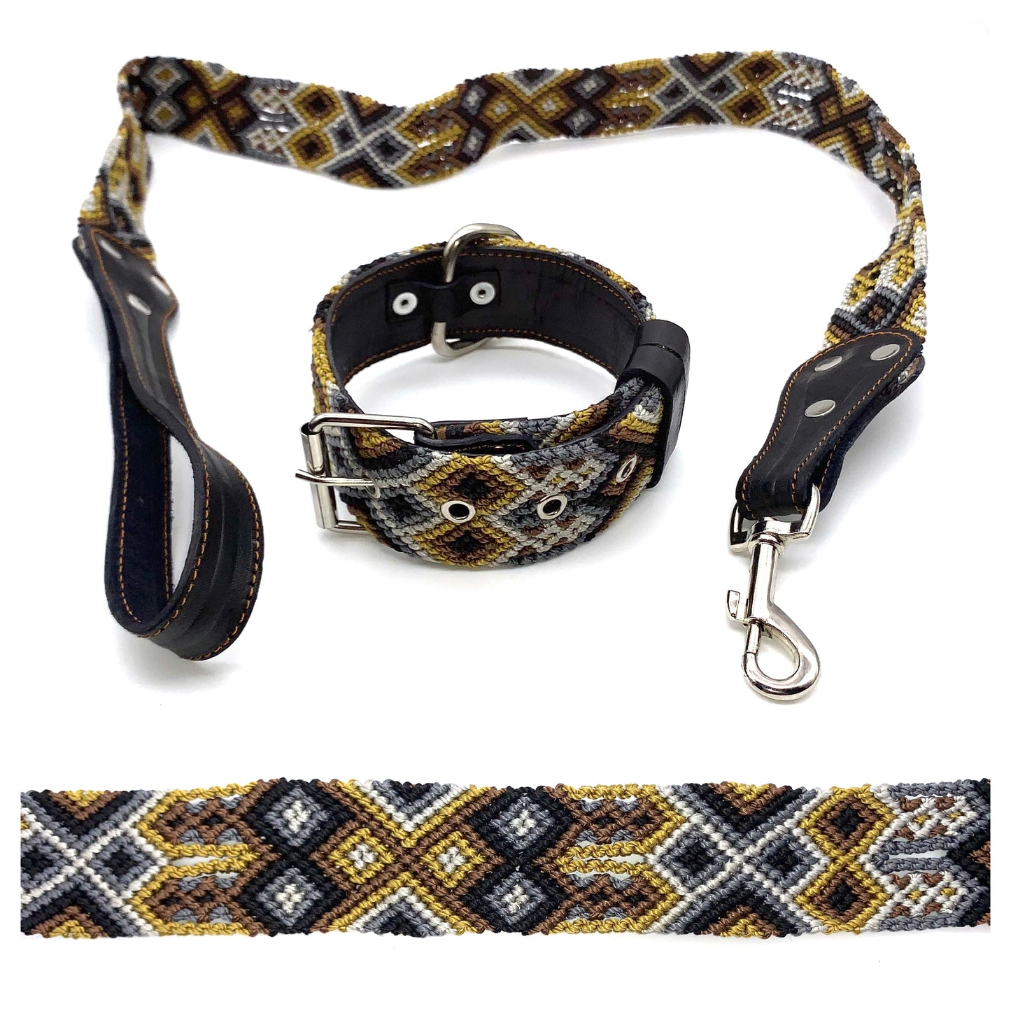 Mexican Embroidered Leather Dog Collar & Lead Set – Small (35–43cm Neck) – 50cm Collar