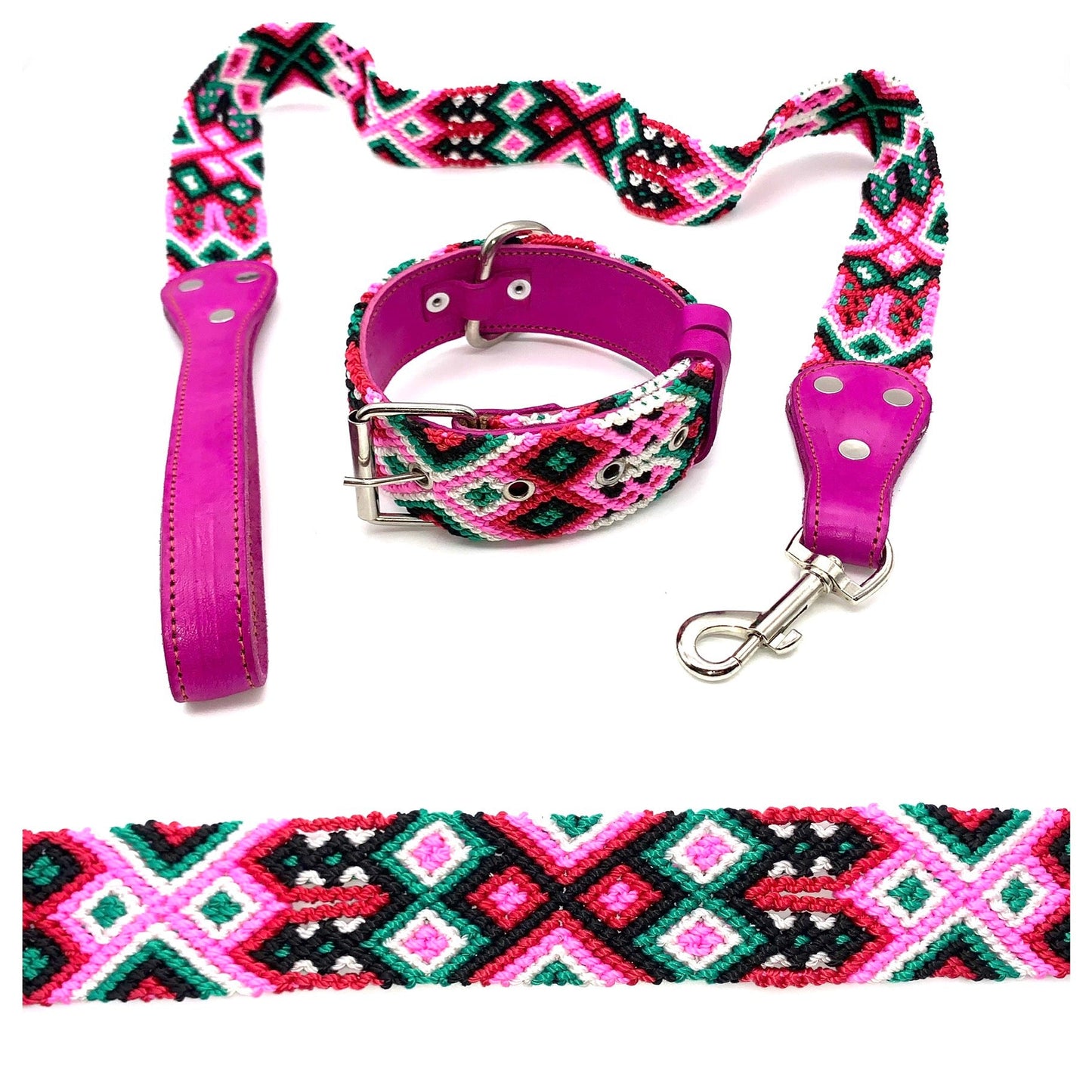 Mexican Embroidered Leather Dog Collar & Lead Set – Small (35–43cm Neck) – 50cm Collar