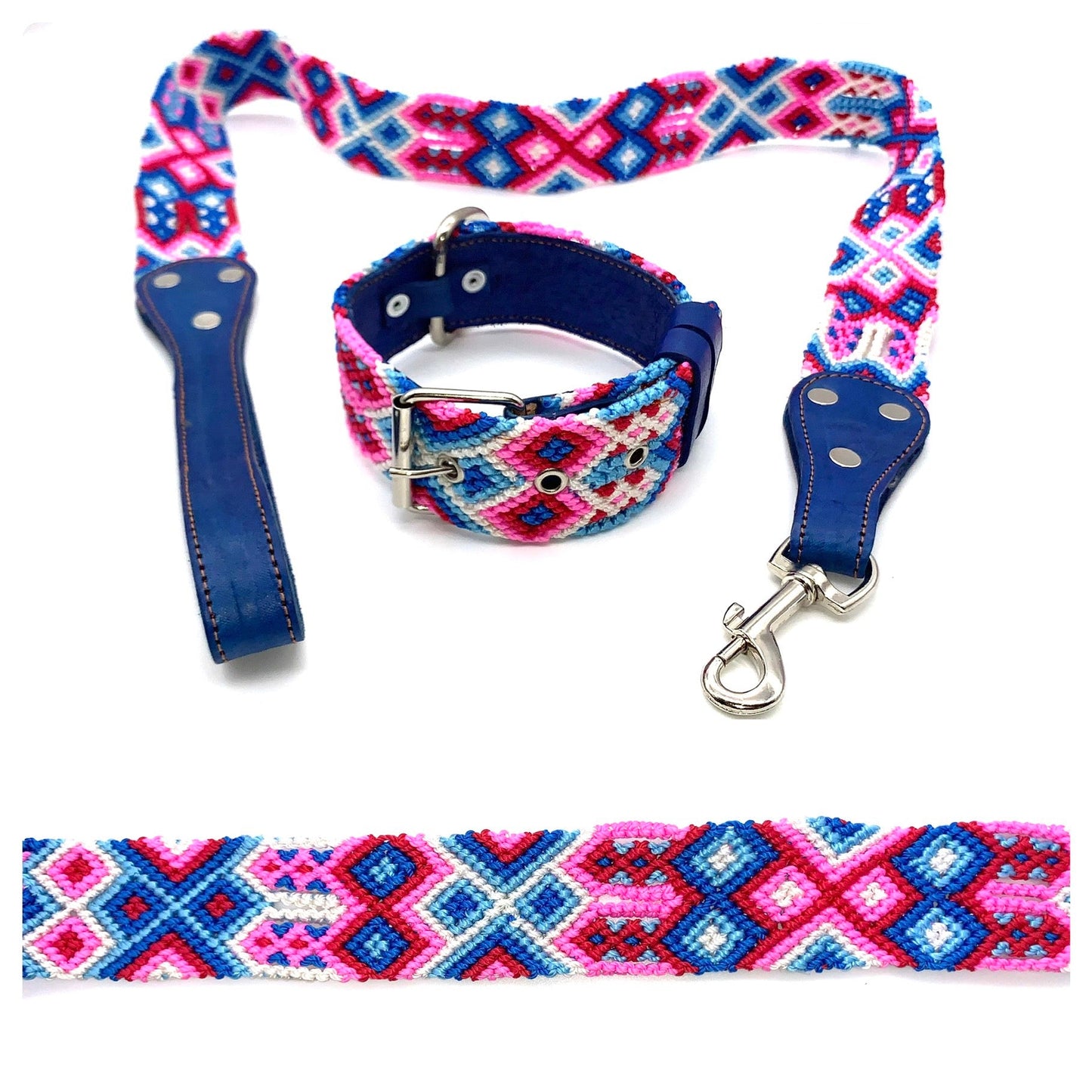 Mexican Embroidered Leather Dog Collar & Lead Set – Small (35–43cm Neck) – 50cm Collar