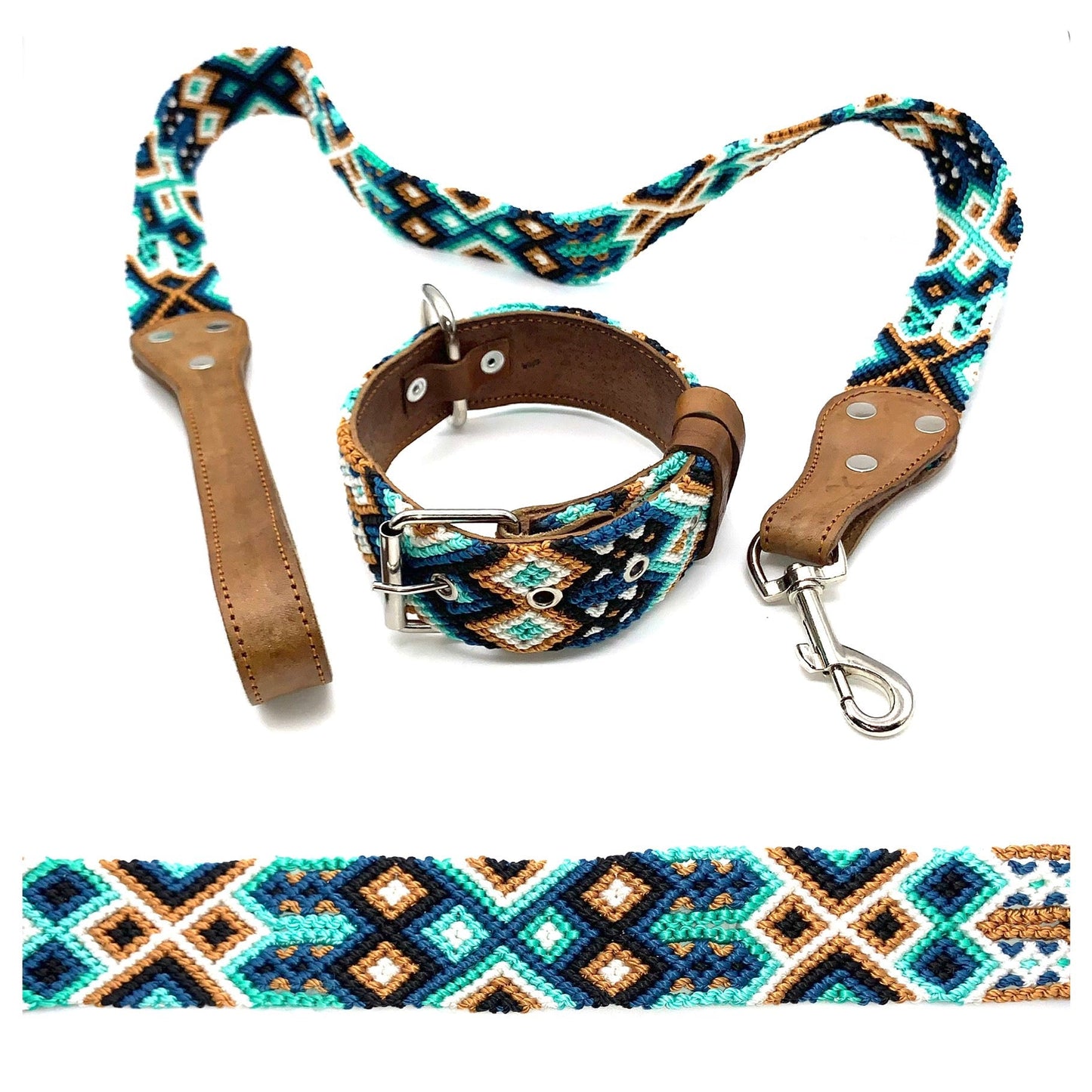 Mexican Embroidered Leather Dog Collar & Lead Set – Small (35–43cm Neck) – 50cm Collar