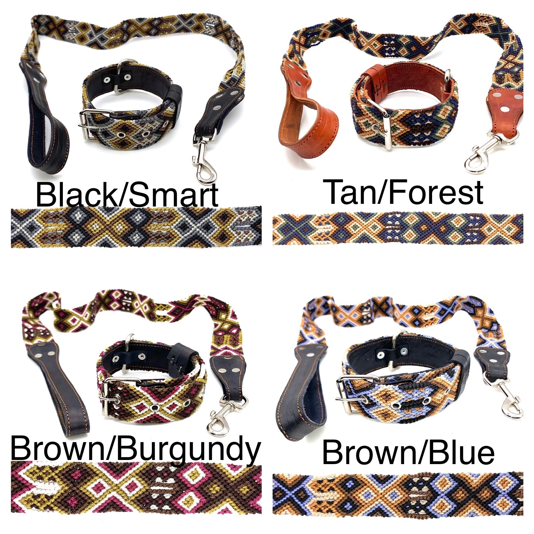 Mexican Embroidered Leather Dog Collar & Lead Set – Small (35–43cm Neck) – 50cm Collar