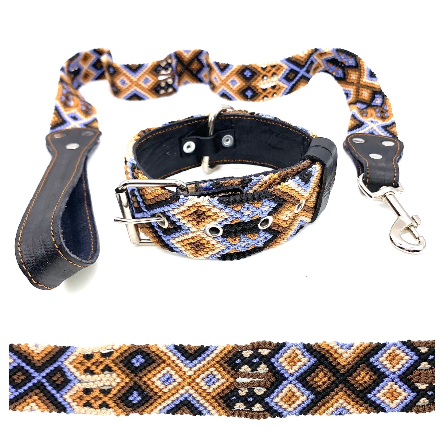 Mexican Embroidered Leather Dog Collar & Lead Set – Small (35–43cm Neck) – 50cm Collar