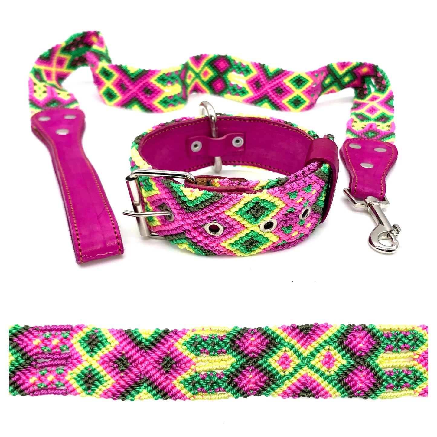 Mexican Embroidered Leather Dog Collar & Lead Set – Small (35–43cm Neck) – 50cm Collar