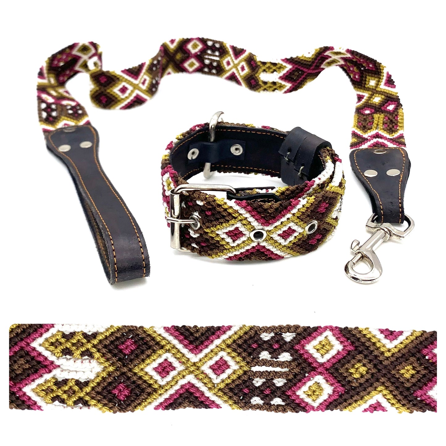Mexican Embroidered Leather Dog Collar & Lead Set – Small (35–43cm Neck) – 50cm Collar