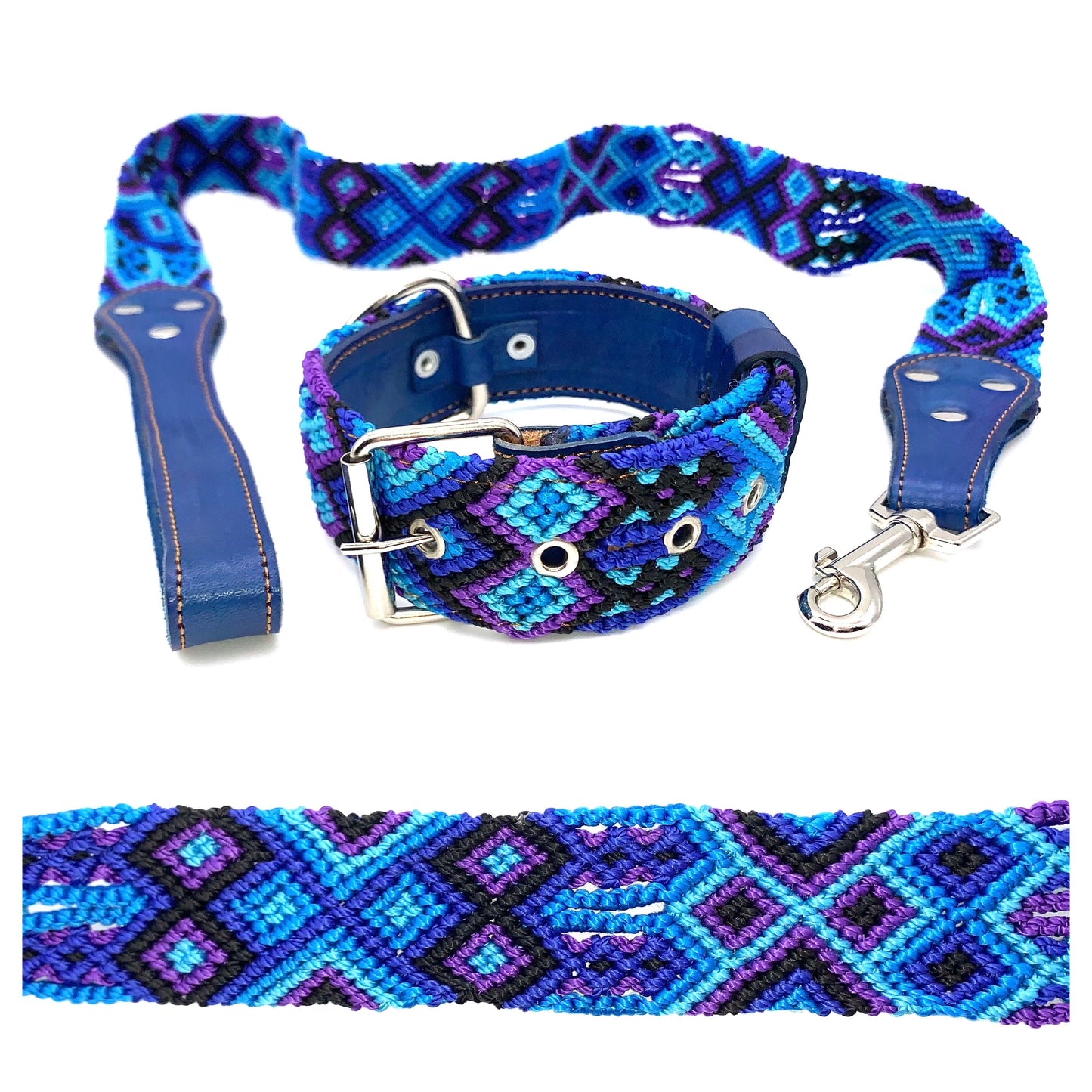 Mexican Embroidered Leather Dog Collar & Lead Set – Small (35–43cm Neck) – 50cm Collar