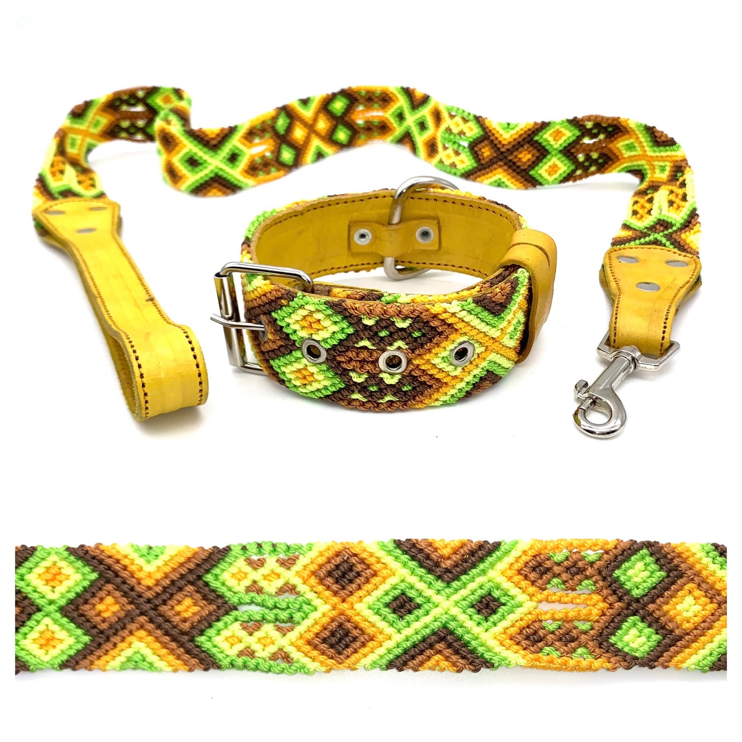 Mexican Embroidered Leather Dog Collar & Lead Set – Small (35–43cm Neck) – 50cm Collar