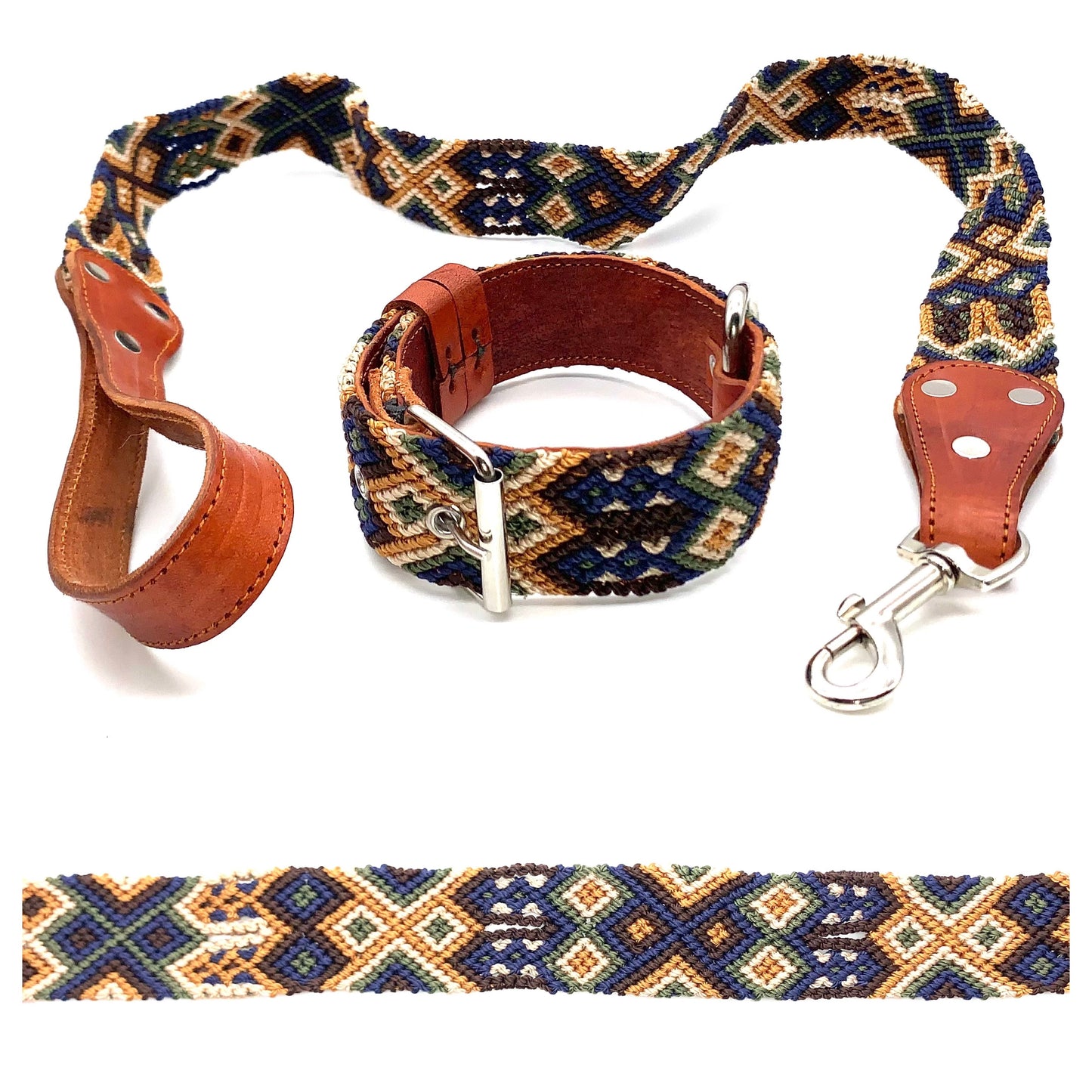 Mexican Embroidered Leather Dog Collar & Lead Set – Small (35–43cm Neck) – 50cm Collar