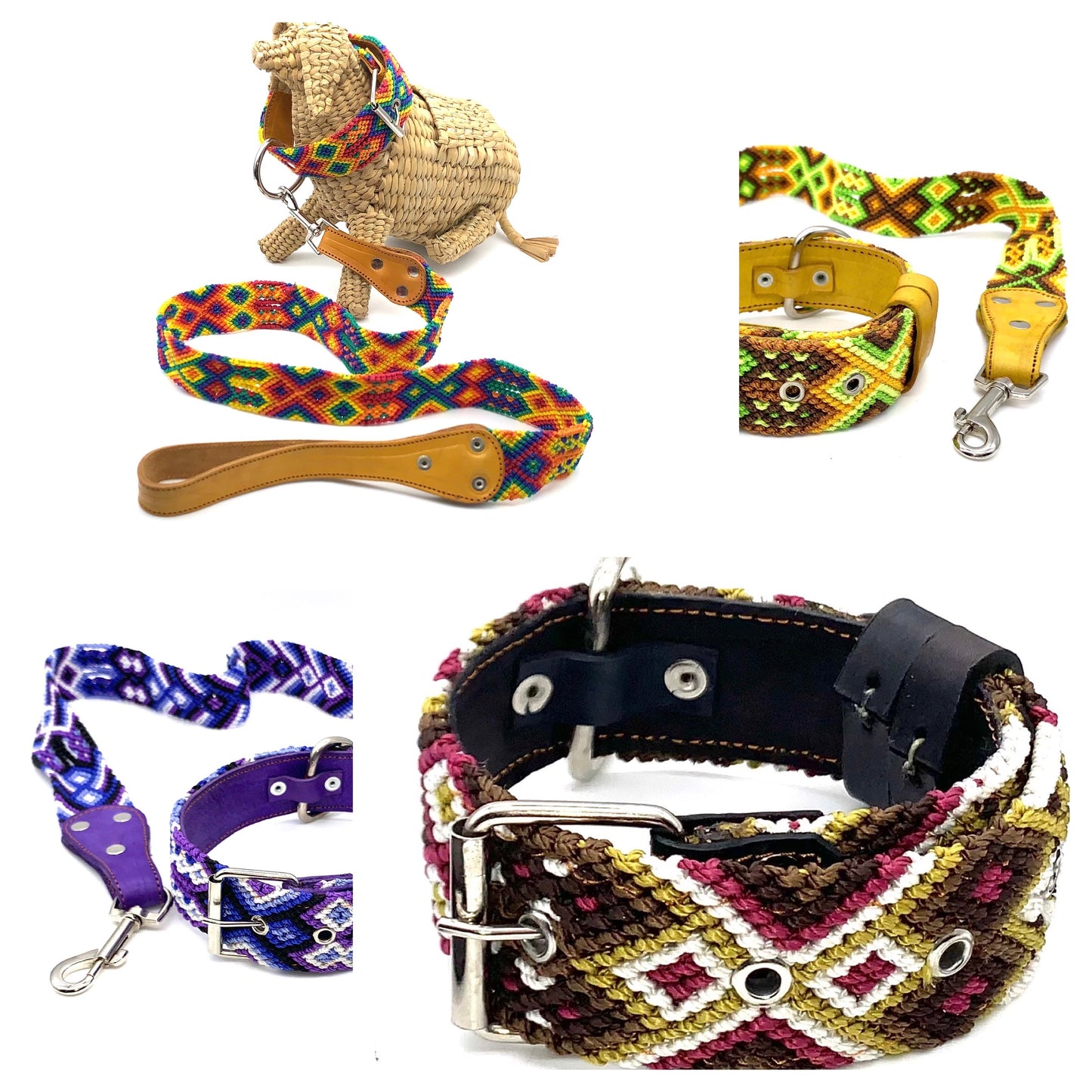 Mexican Embroidered Leather Dog Collar & Lead Set – Small (35–43cm Neck) – 50cm Collar
