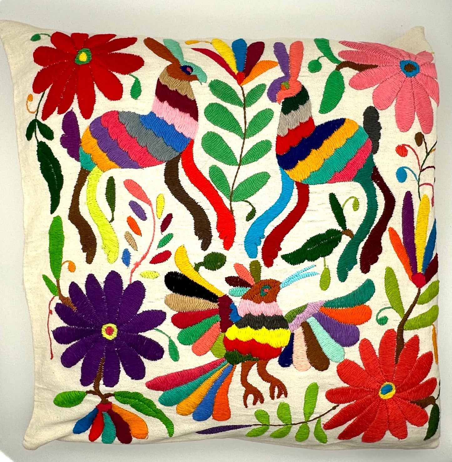 Mexican Otomi Embroidered Cushion Cover – Handmade Tenango Textile (45x45cm) – Multicolour