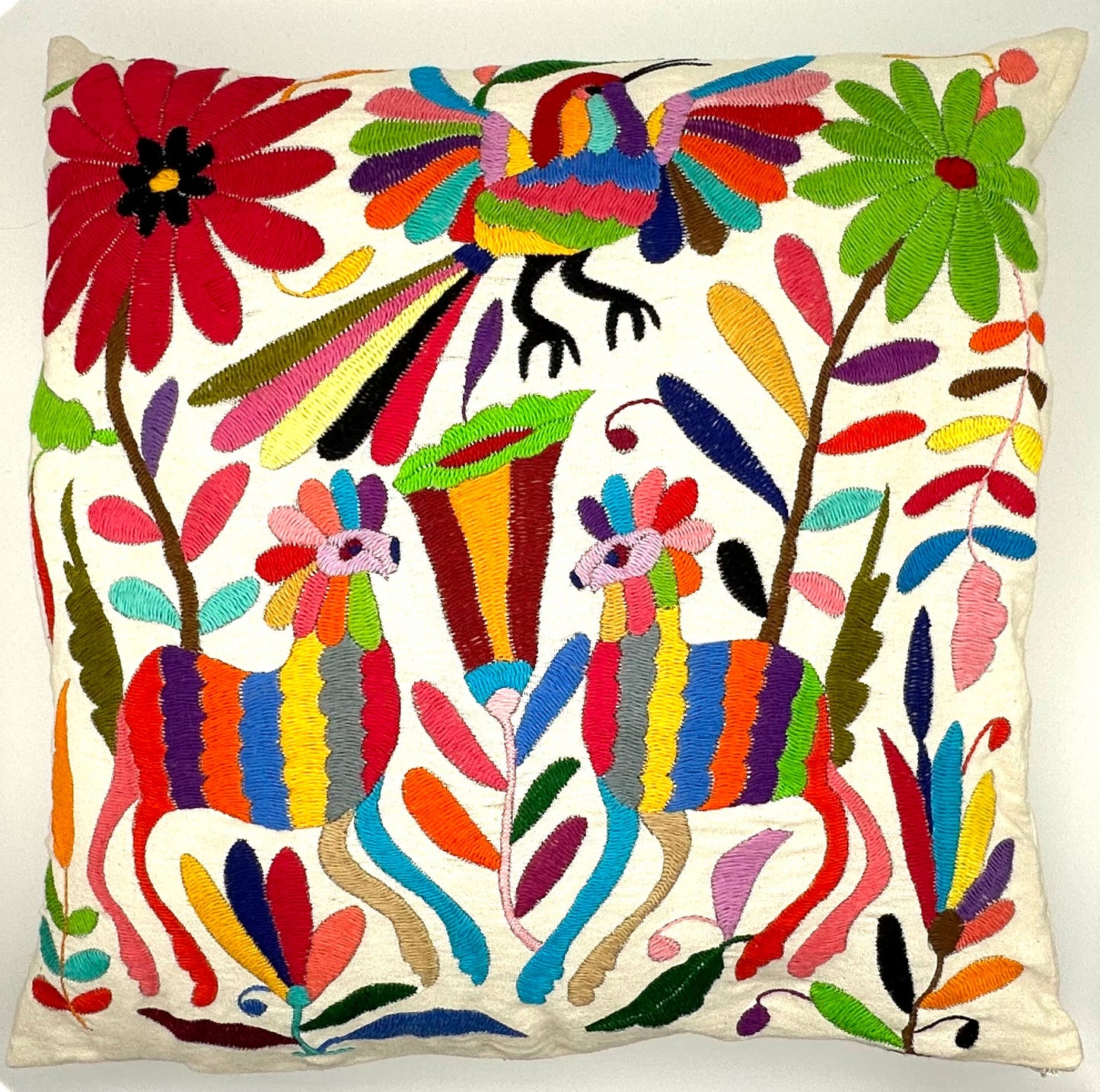 Mexican Otomi Embroidered Cushion Cover – Handmade Tenango Textile (45x45cm) – Multicolour