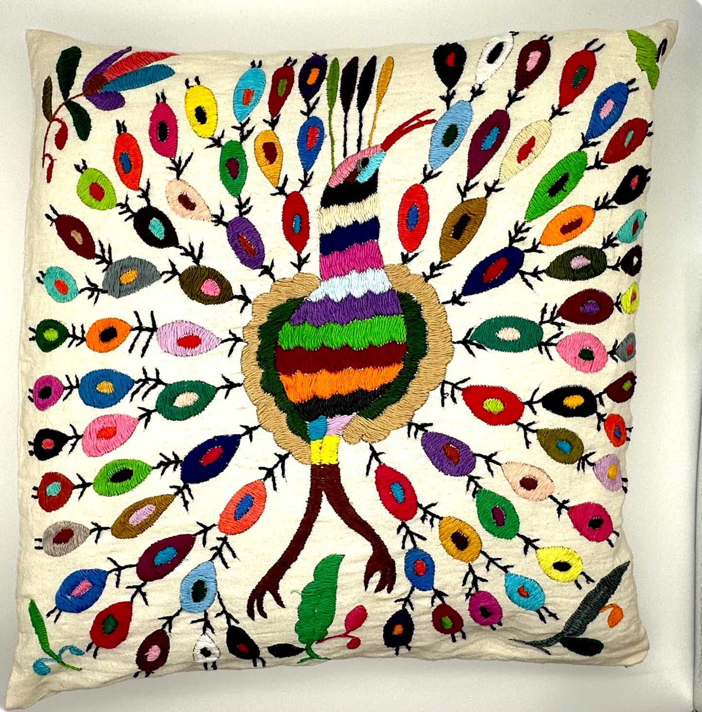 Mexican Otomi Embroidered Cushion Cover – Handmade Tenango Textile (45x45cm) – Multicolour
