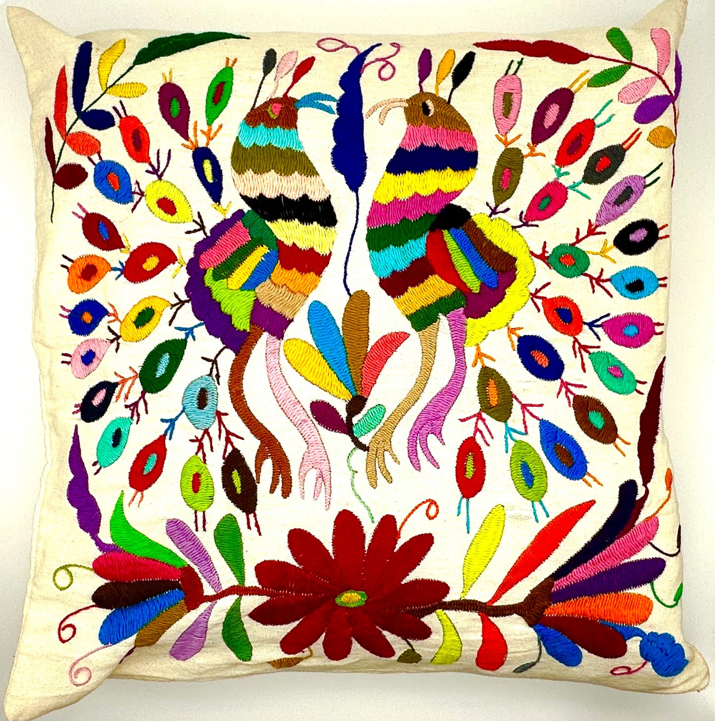 Mexican Otomi Embroidered Cushion Cover – Handmade Tenango Textile (45x45cm) – Multicolour