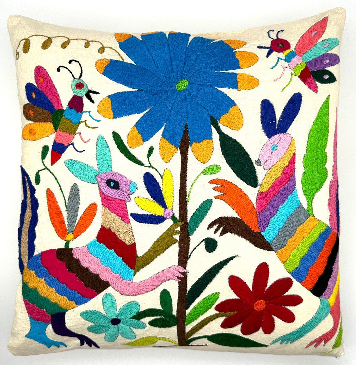 Mexican Otomi Embroidered Cushion Cover – Handmade Tenango Textile (45x45cm) – Multicolour