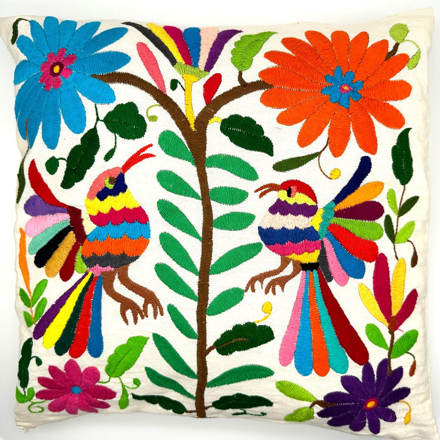 Mexican Otomi Embroidered Cushion Cover – Handmade Tenango Textile (45x45cm) – Multicolour