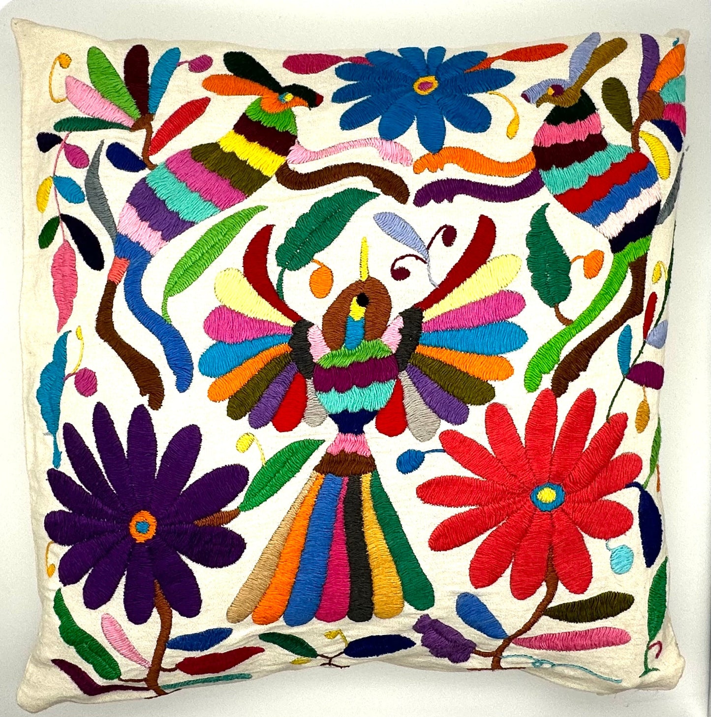 Mexican Otomi Embroidered Cushion Cover – Handmade Tenango Textile (45x45cm) – Multicolour
