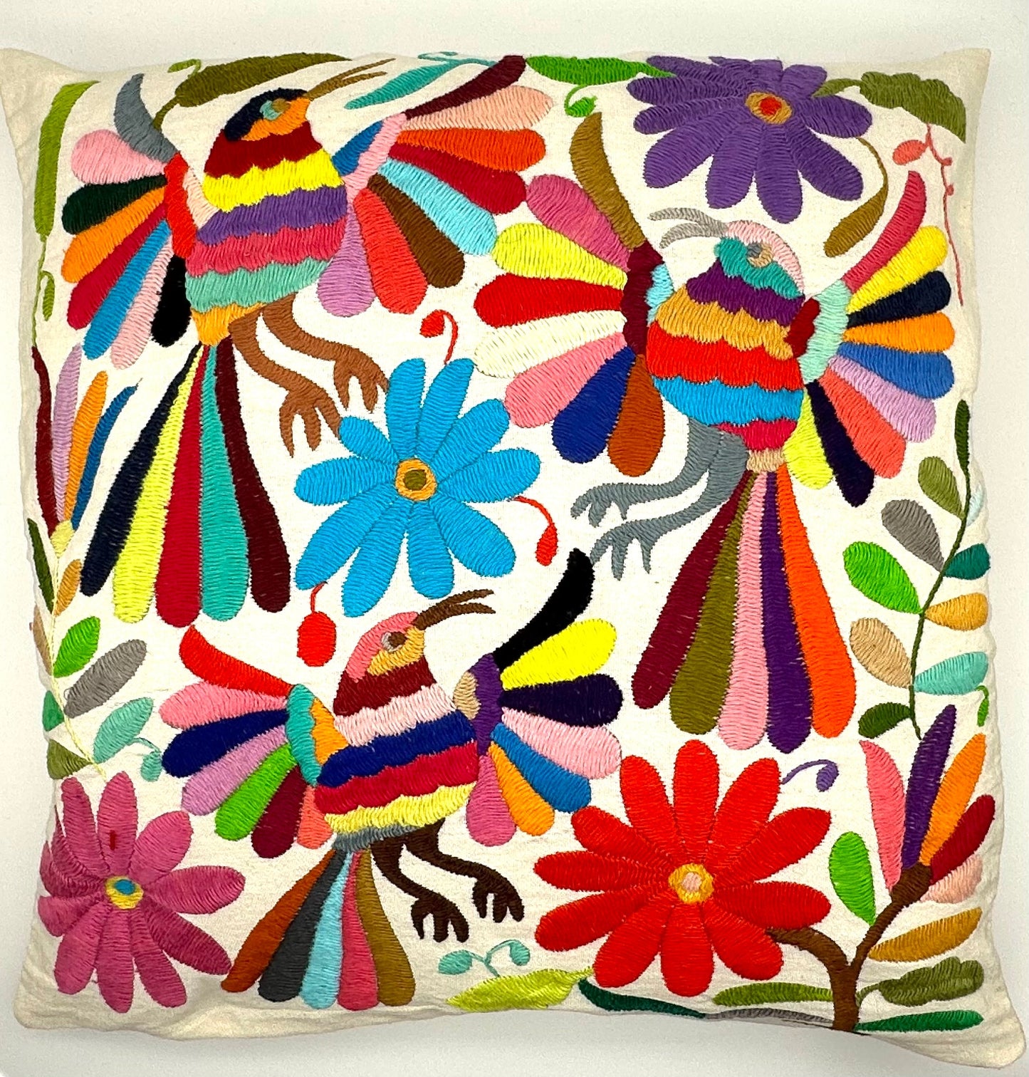 Mexican Otomi Embroidered Cushion Cover – Handmade Tenango Textile (45x45cm) – Multicolour