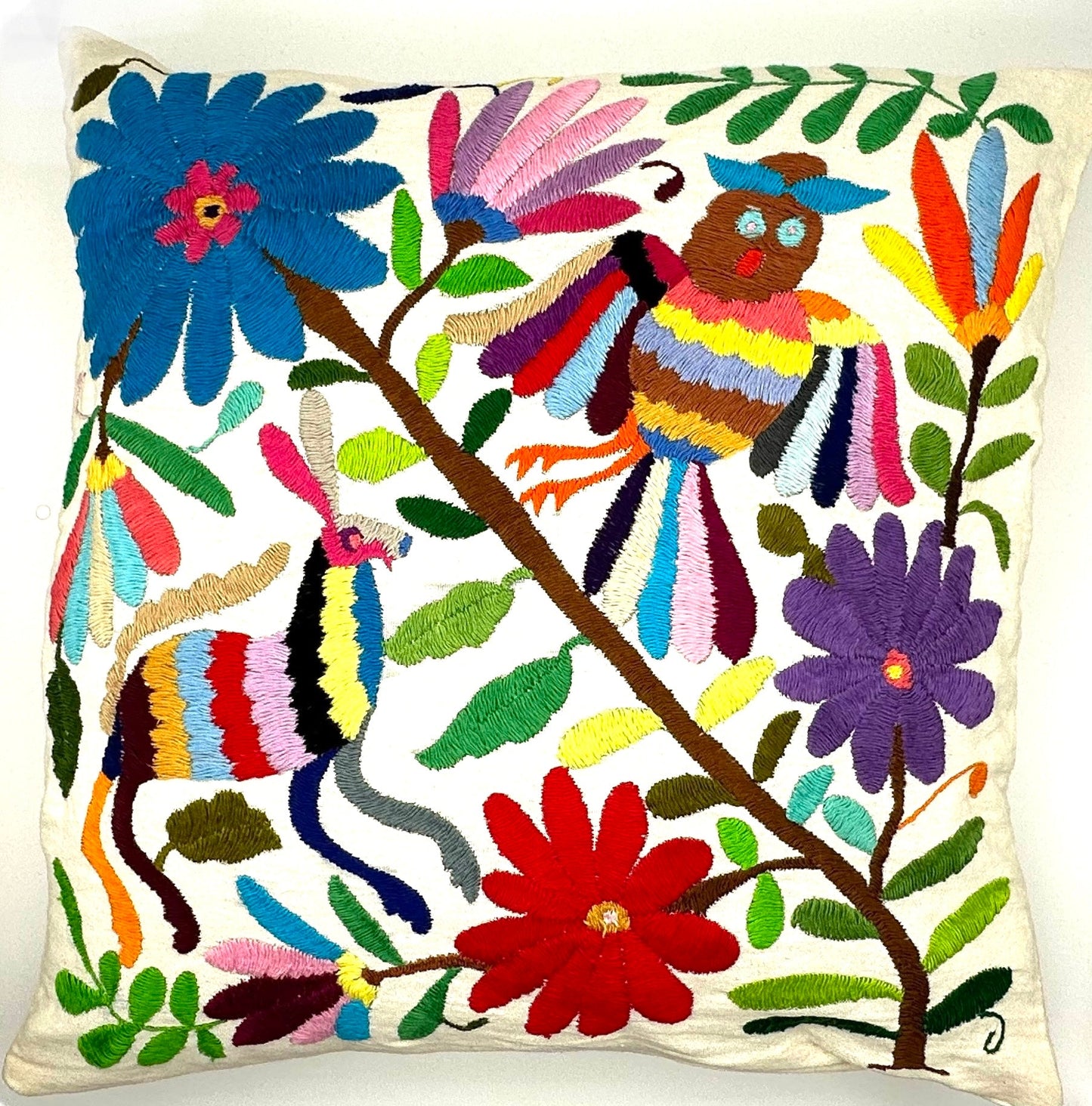 Mexican Otomi Embroidered Cushion Cover – Handmade Tenango Textile (45x45cm) – Multicolour