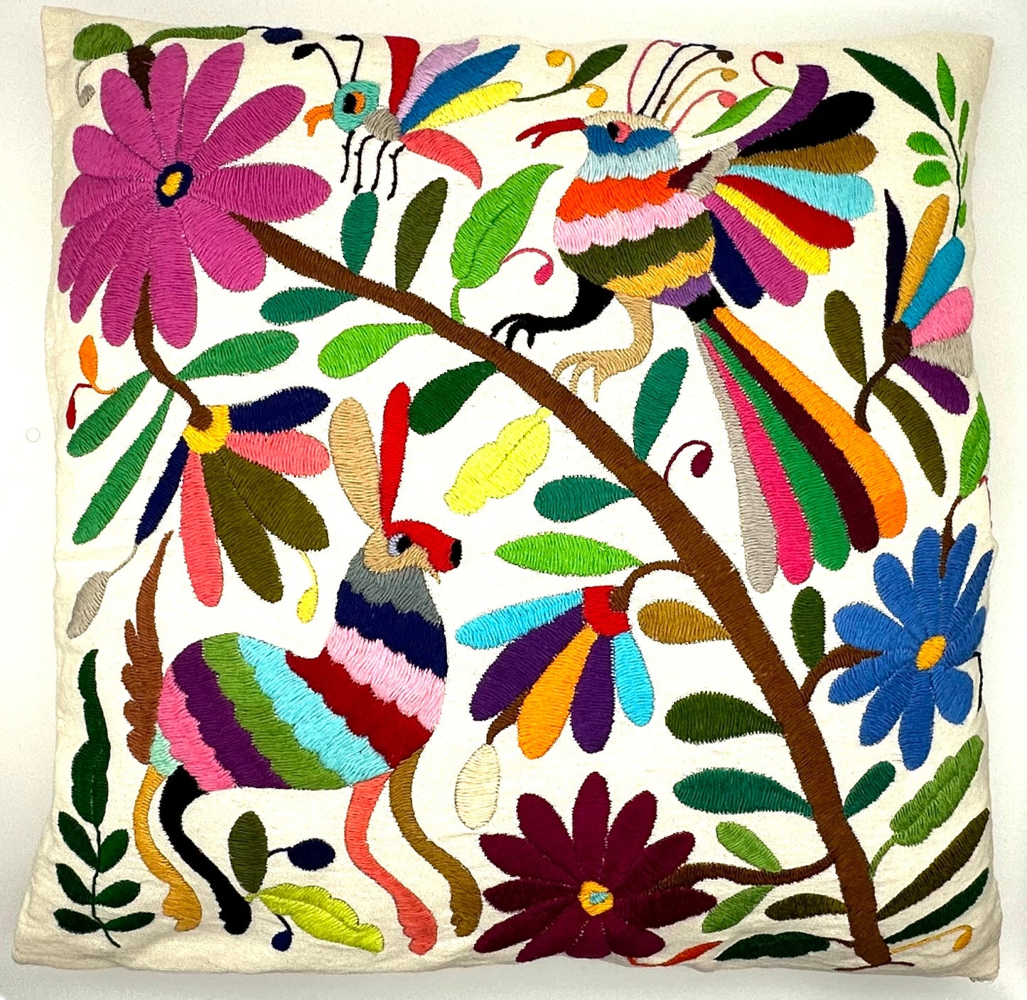 Mexican Otomi Embroidered Cushion Cover – Handmade Tenango Textile (45x45cm) – Multicolour