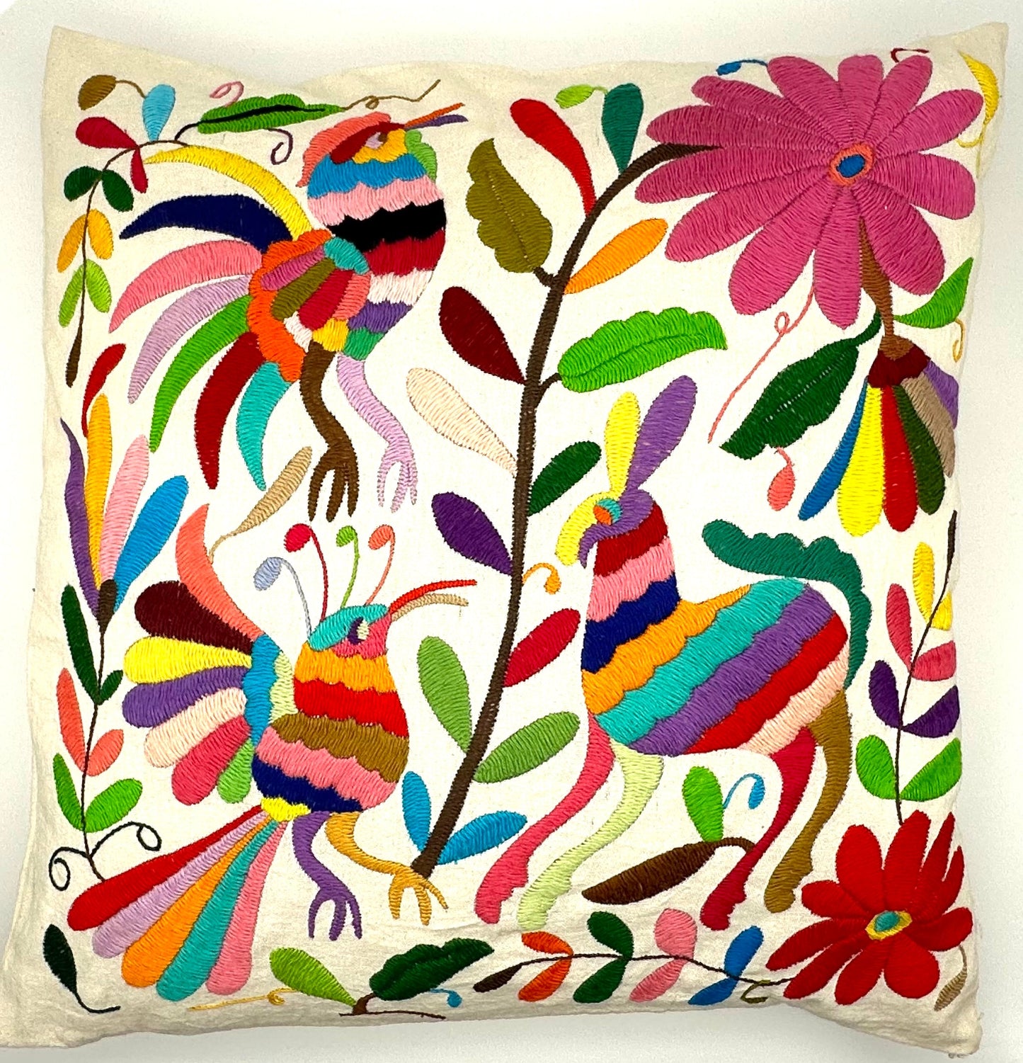Mexican Otomi Embroidered Cushion Cover – Handmade Tenango Textile (45x45cm) – Multicolour