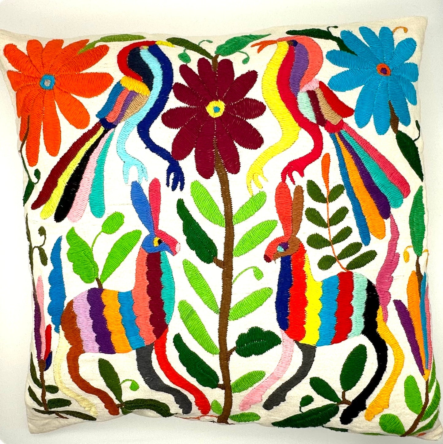Mexican Otomi Embroidered Cushion Cover – Handmade Tenango Textile (45x45cm) – Multicolour