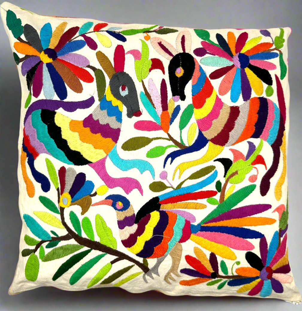 Mexican Otomi Embroidered Cushion Cover – Handmade Tenango Textile (45x45cm) – Multicolour