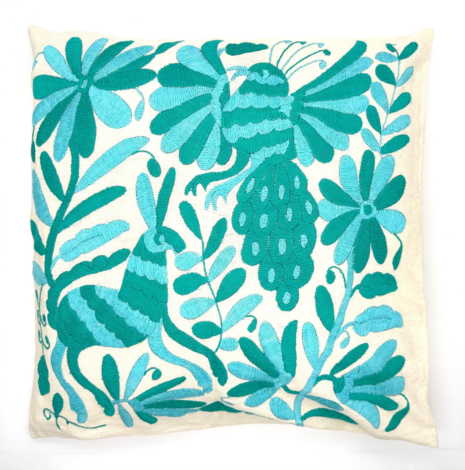 Mexican Otomi Embroidered Cushion Cover – Handmade Tenango Textile – Aqua & Green (45x45cm)