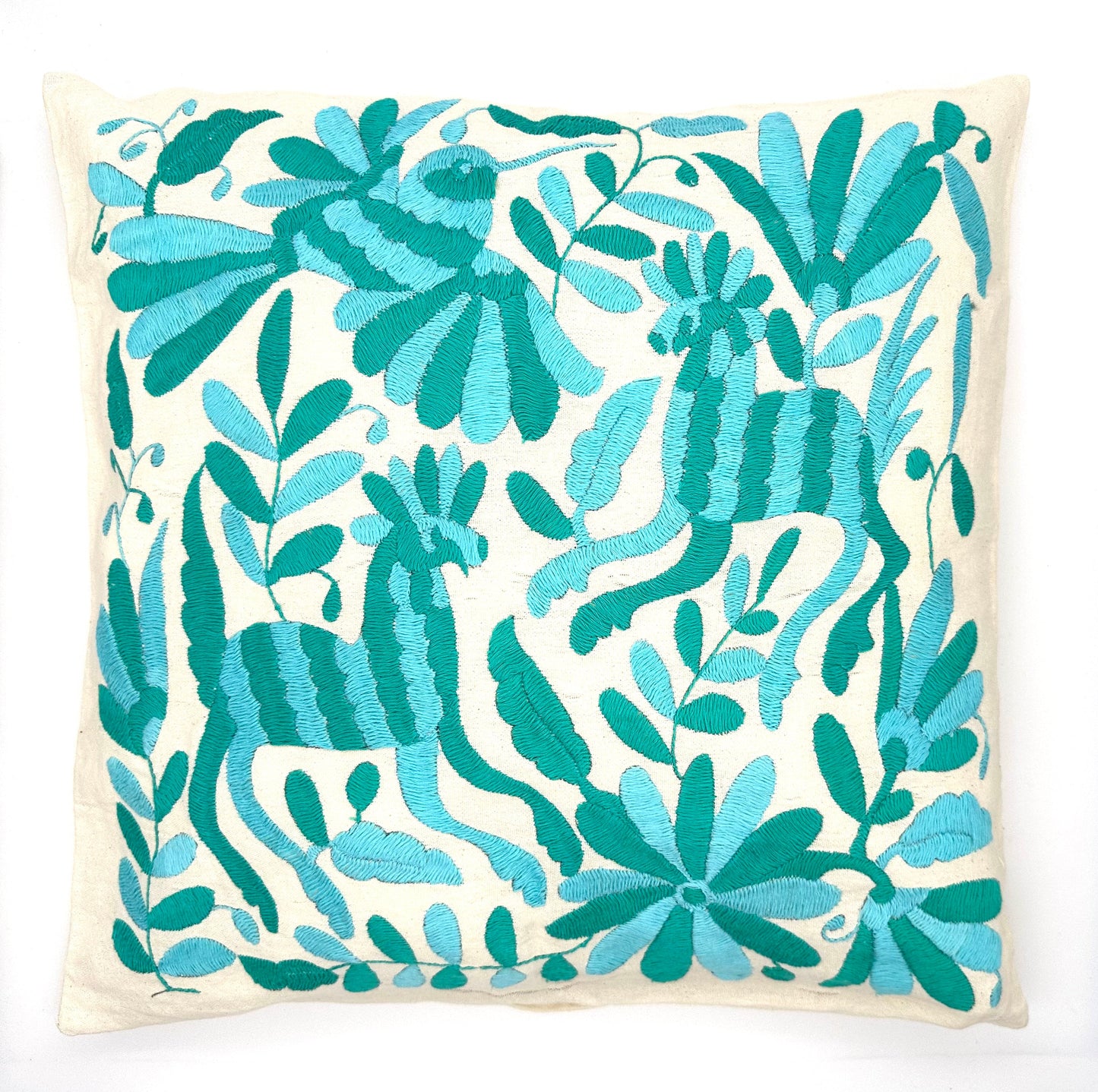 Mexican Otomi Embroidered Cushion Cover – Handmade Tenango Textile – Aqua & Green (45x45cm)