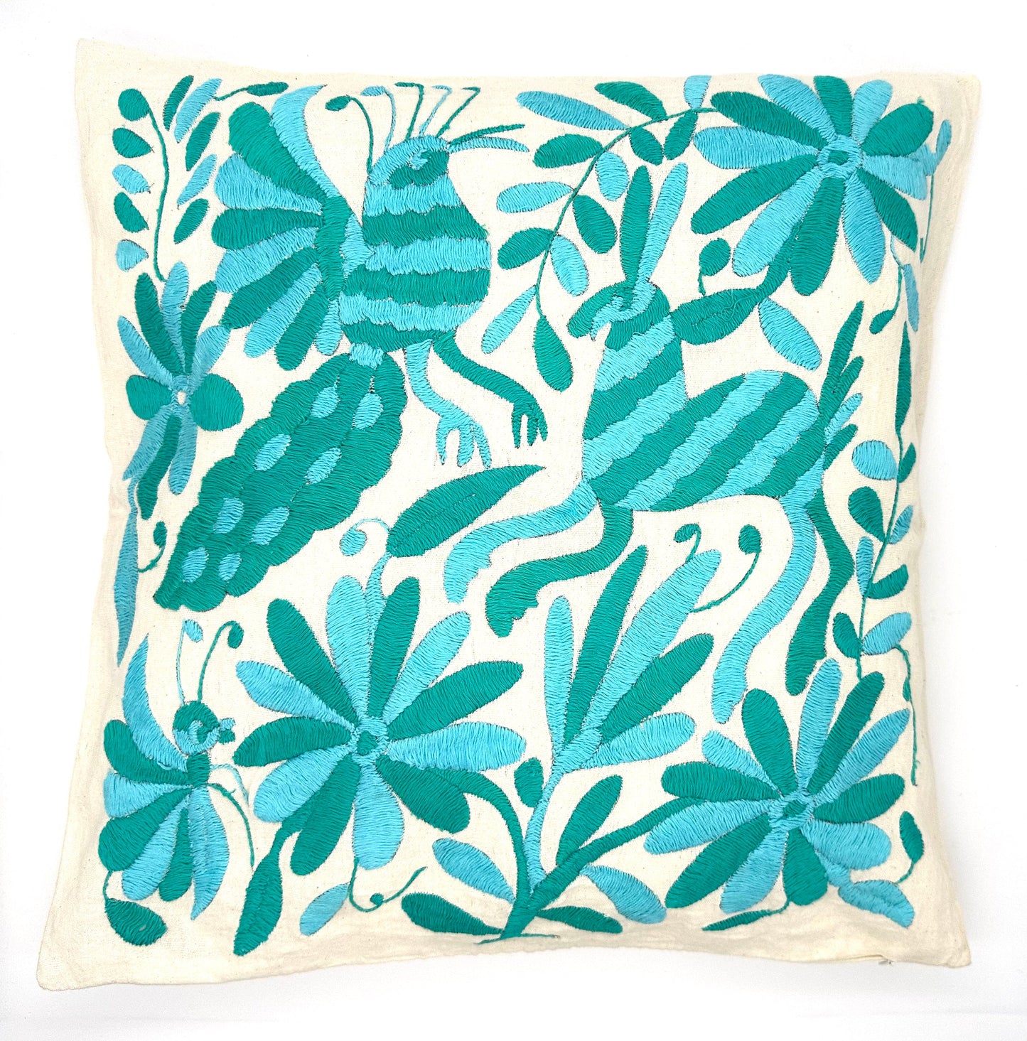 Mexican Otomi Embroidered Cushion Cover – Handmade Tenango Textile – Aqua & Green (45x45cm)