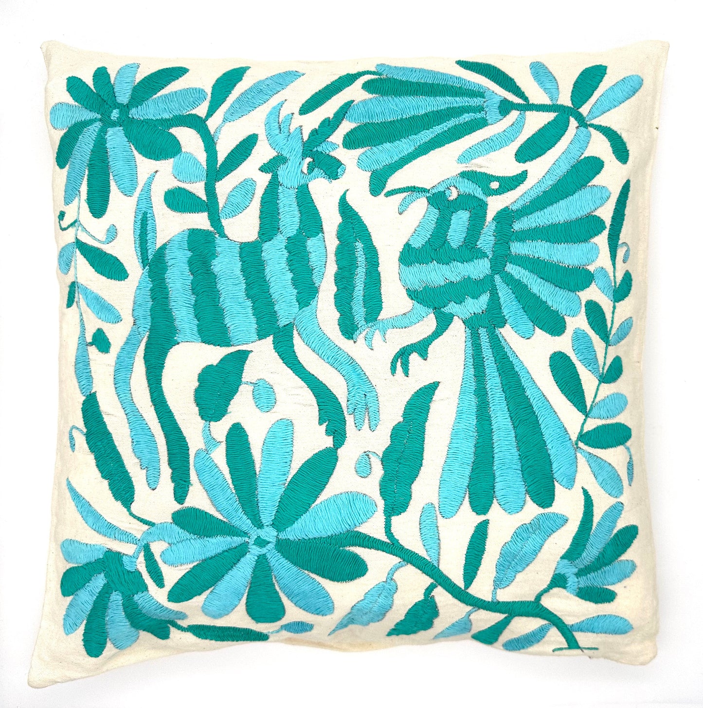 Mexican Otomi Embroidered Cushion Cover – Handmade Tenango Textile – Aqua & Green (45x45cm)