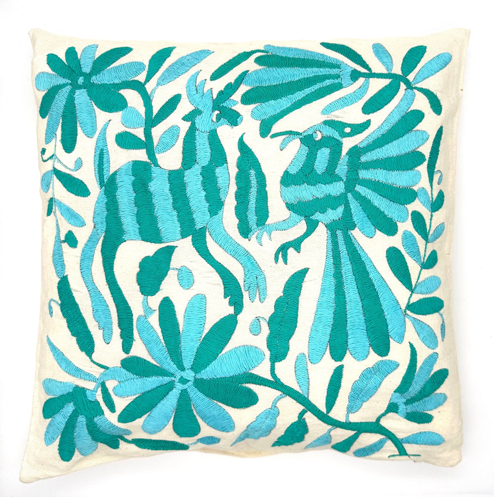 Mexican Otomi Embroidered Cushion Cover – Handmade Tenango Textile – Aqua & Green (45x45cm)
