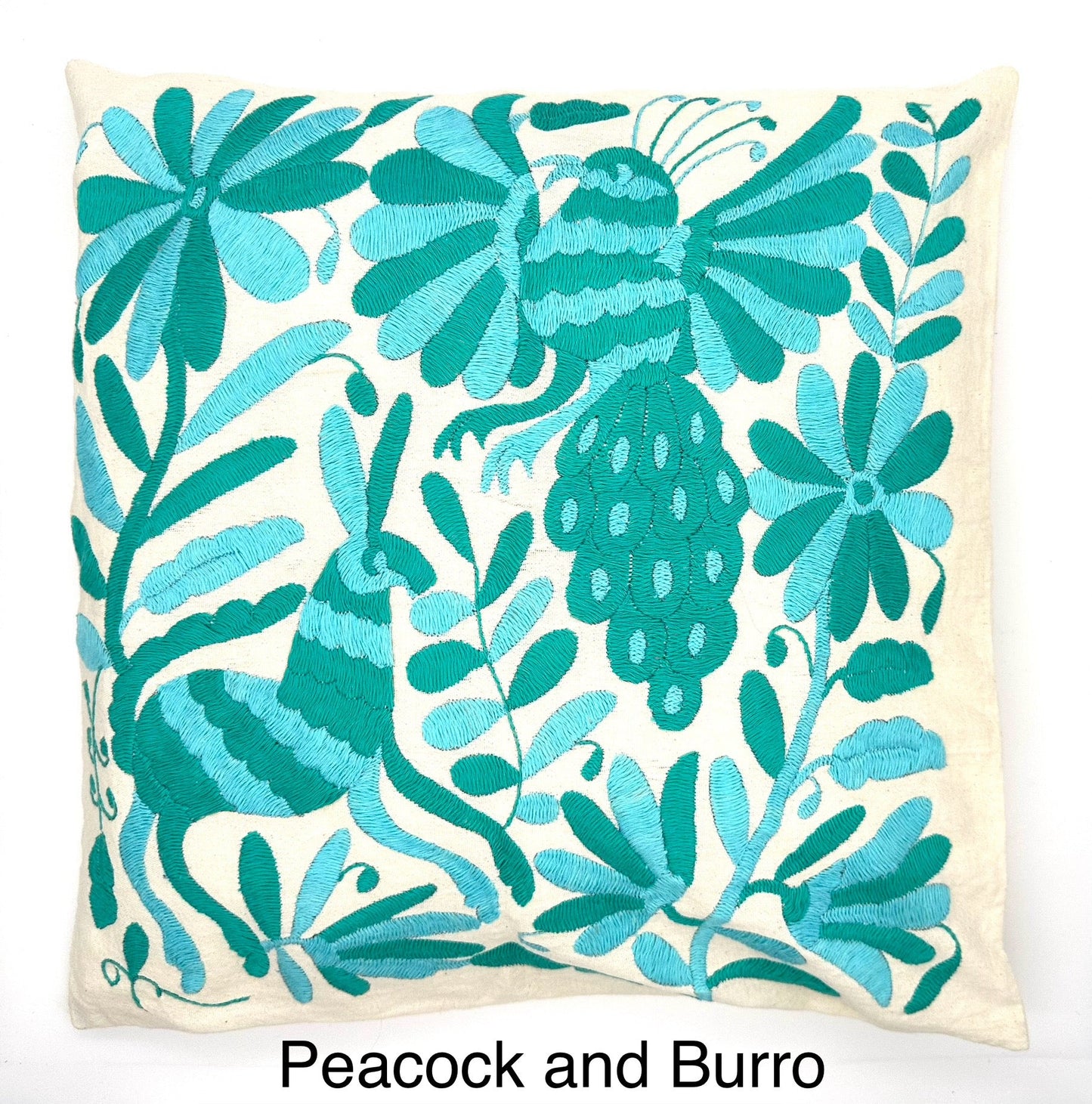 Mexican Otomi Embroidered Cushion Cover – Handmade Tenango Textile – Aqua & Green (45x45cm)