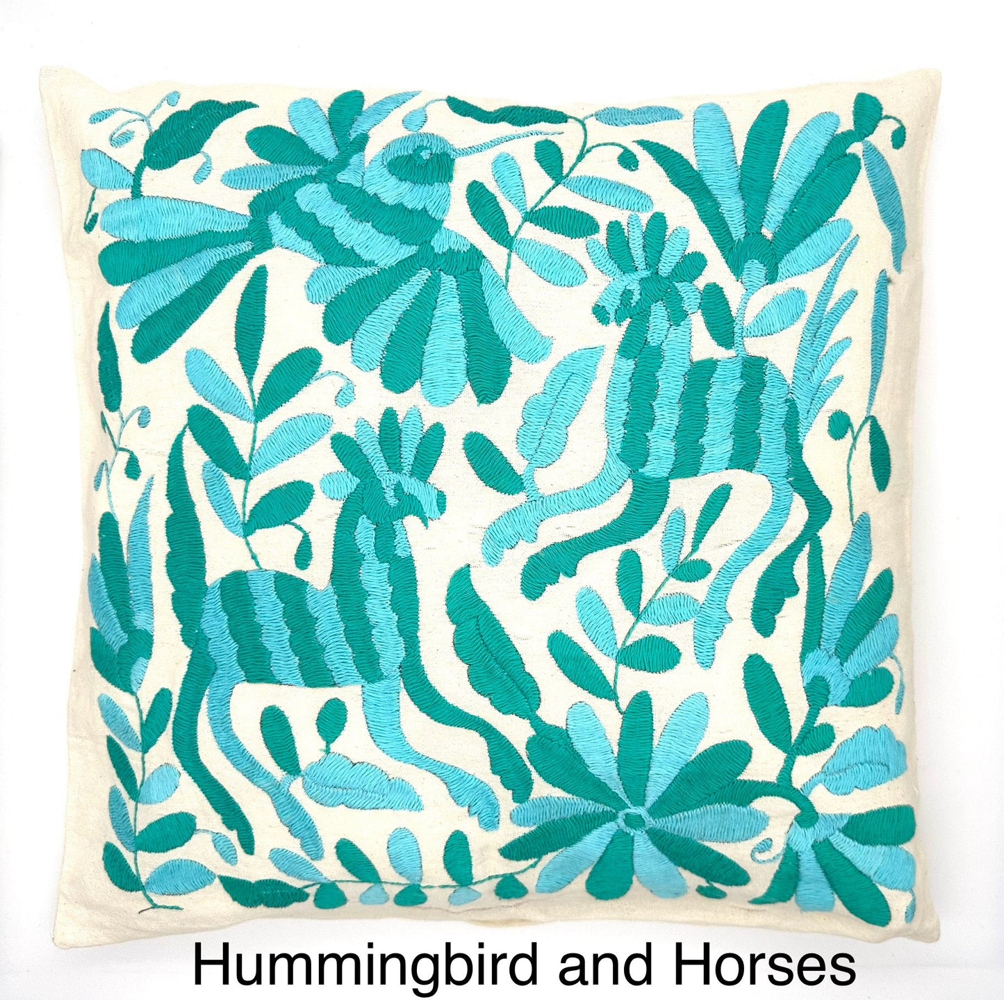 Mexican Otomi Embroidered Cushion Cover – Handmade Tenango Textile – Aqua & Green (45x45cm)