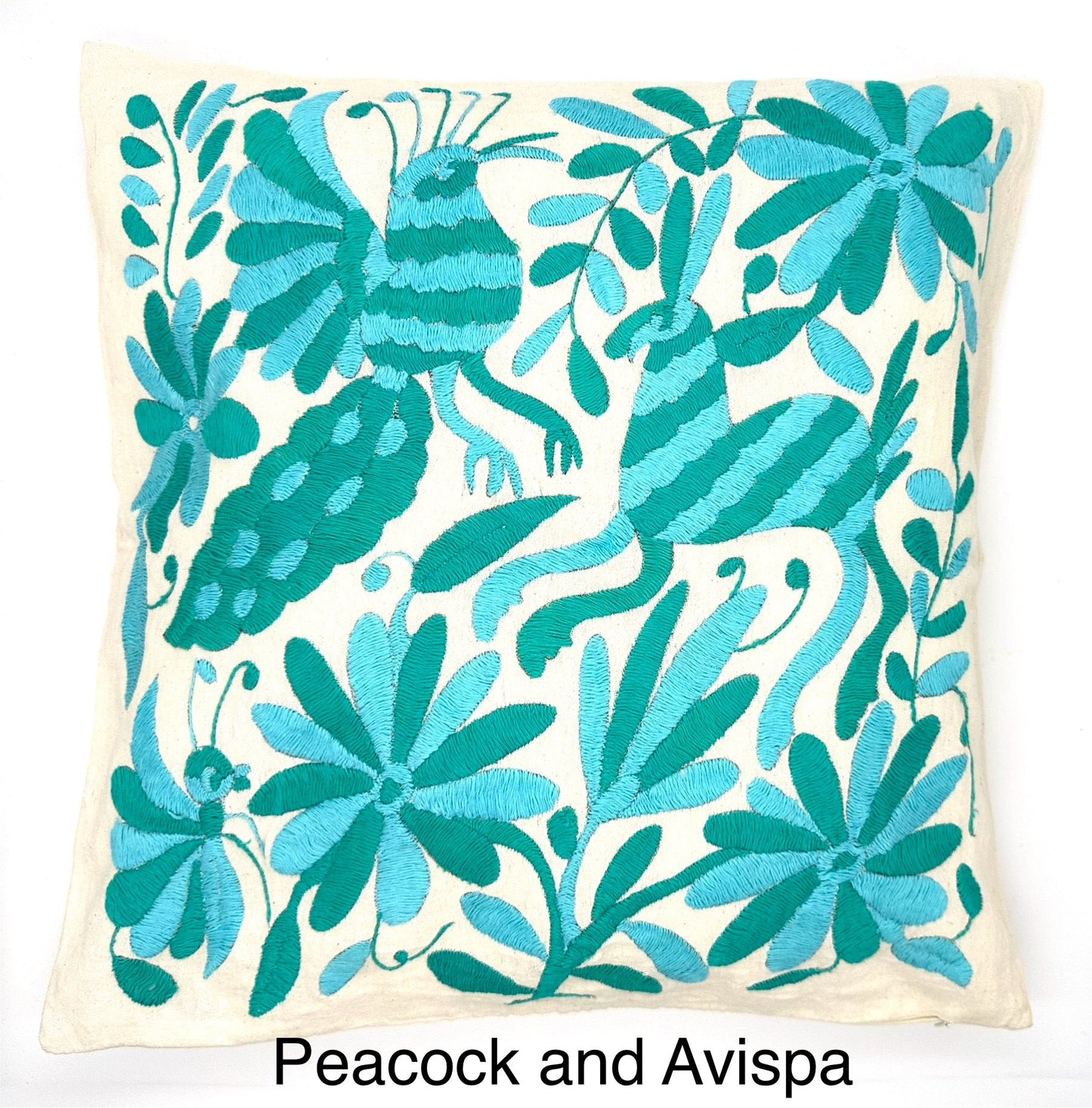 Mexican Otomi Embroidered Cushion Cover – Handmade Tenango Textile – Aqua & Green (45x45cm)
