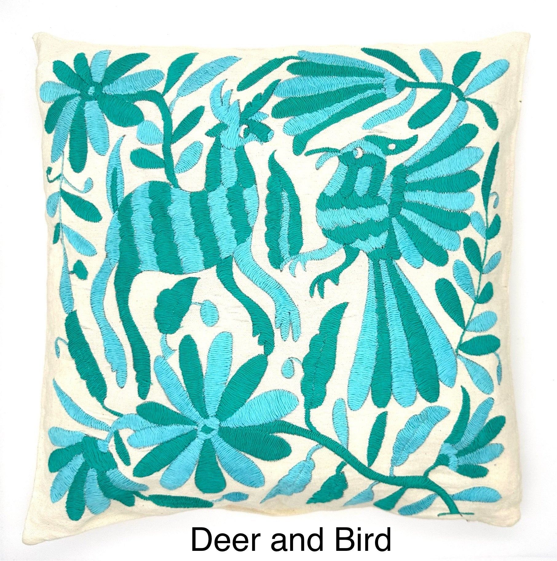 Mexican Otomi Embroidered Cushion Cover – Handmade Tenango Textile – Aqua & Green (45x45cm)