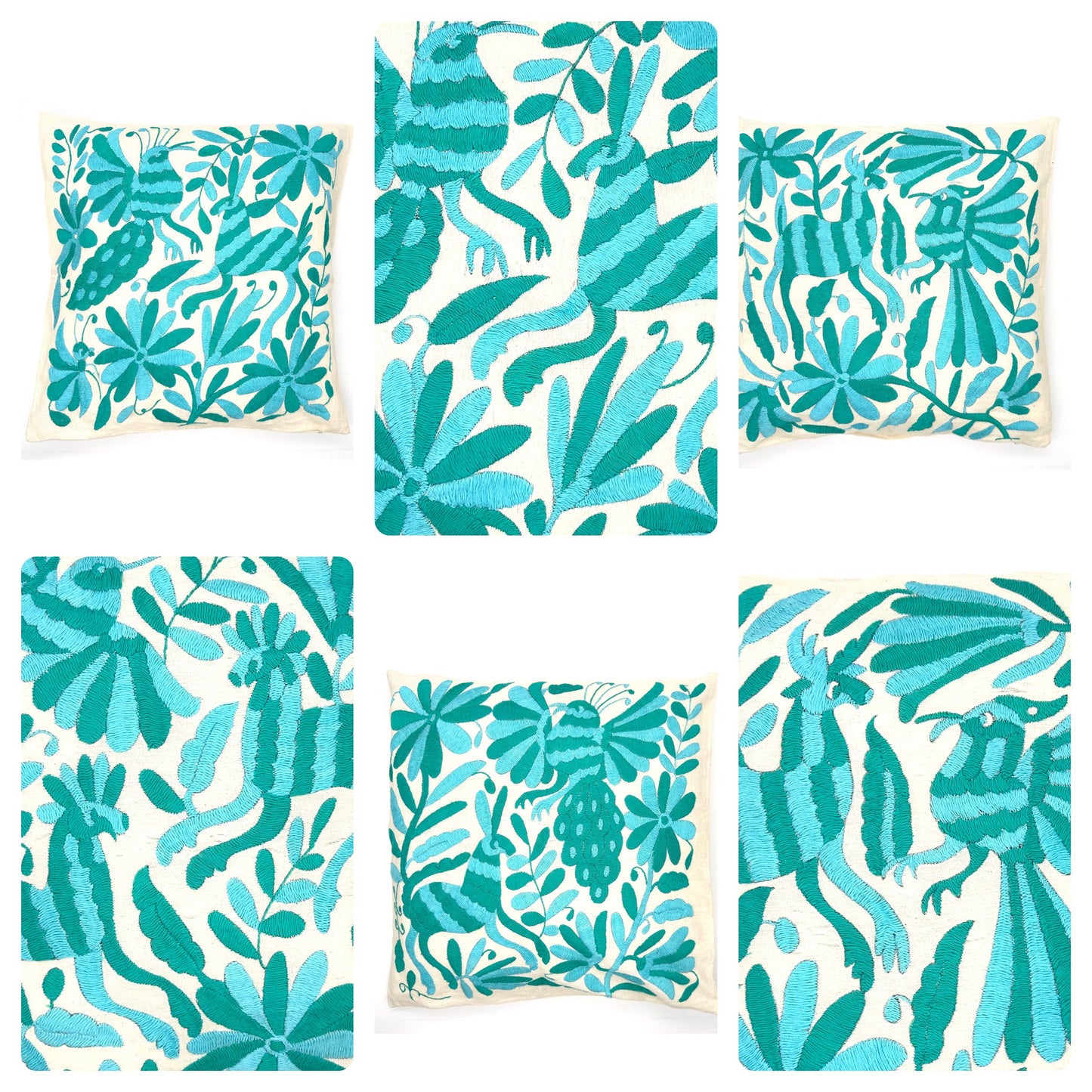 Mexican Otomi Embroidered Cushion Cover – Handmade Tenango Textile – Aqua & Green (45x45cm)
