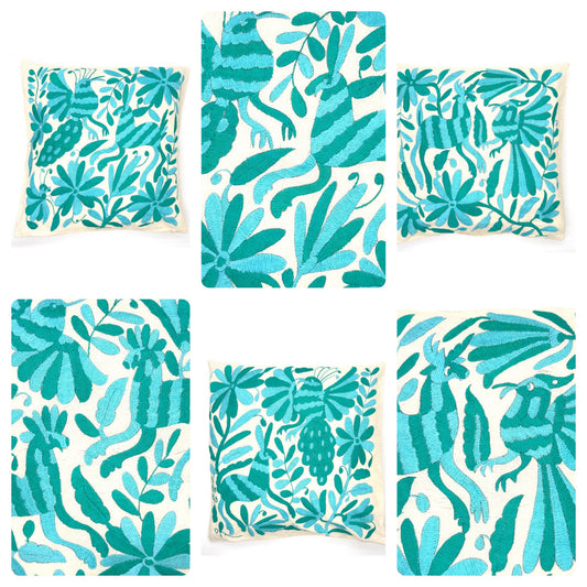 Mexican Otomi Embroidered Cushion Cover – Handmade Tenango Textile – Aqua & Green (45x45cm)