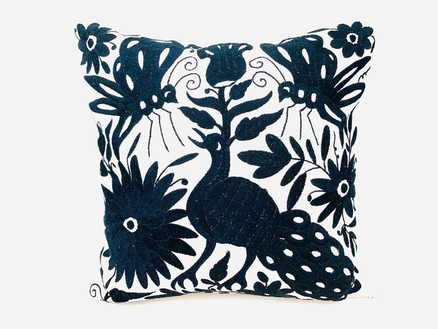 Mexican Otomi Embroidered Cushion Cover – Handmade Tenango Textile – Black (45x45cm)