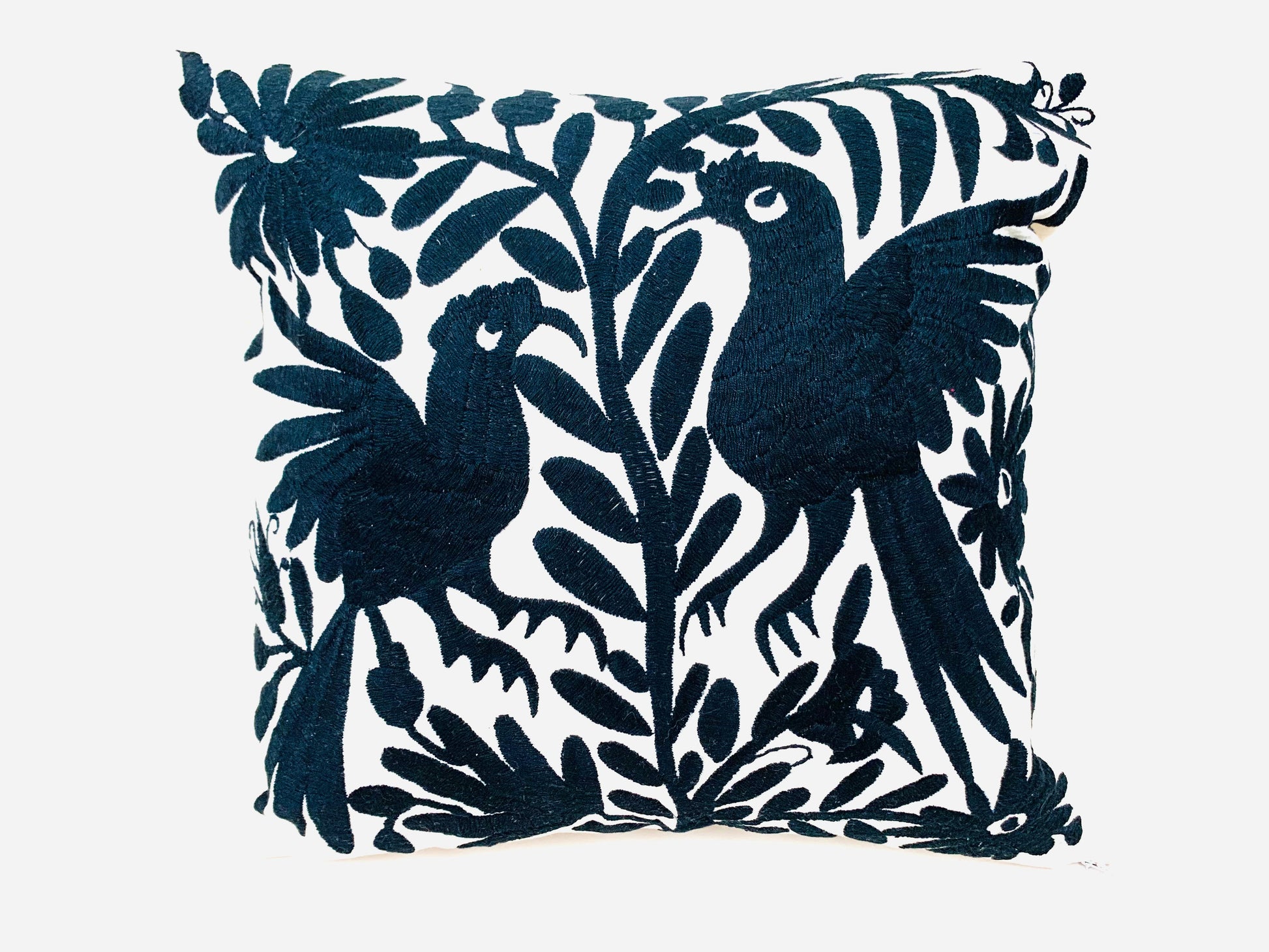 Mexican Otomi Embroidered Cushion Cover – Handmade Tenango Textile – Black (45x45cm)