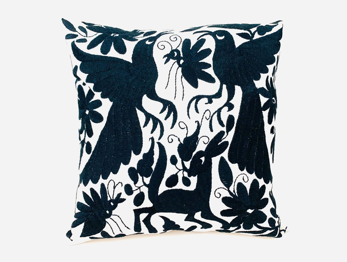 Mexican Otomi Embroidered Cushion Cover – Handmade Tenango Textile – Black (45x45cm)