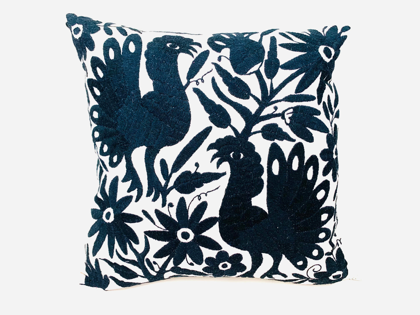 Mexican Otomi Embroidered Cushion Cover – Handmade Tenango Textile – Black (45x45cm)