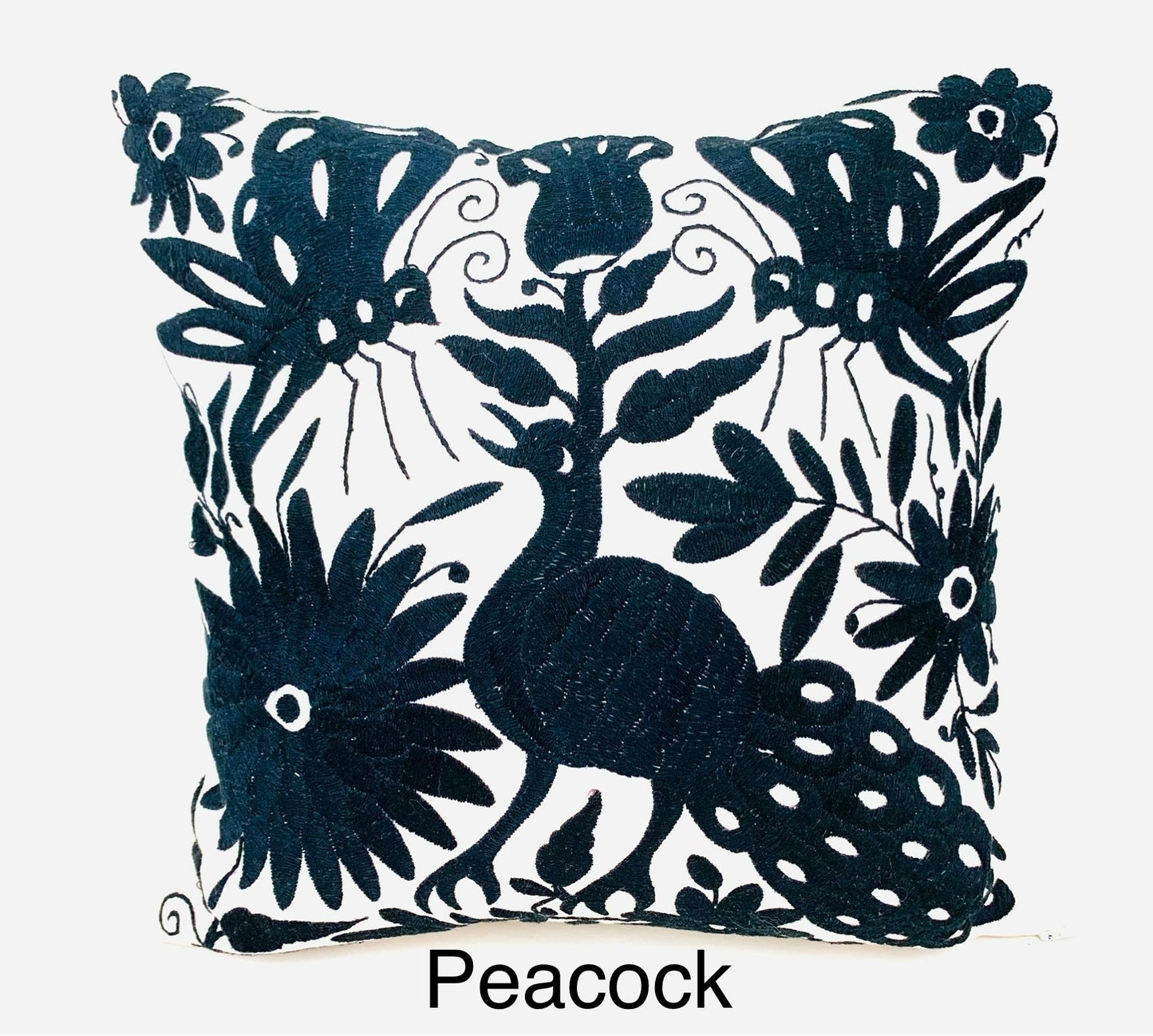 Mexican Otomi Embroidered Cushion Cover – Handmade Tenango Textile – Black (45x45cm)