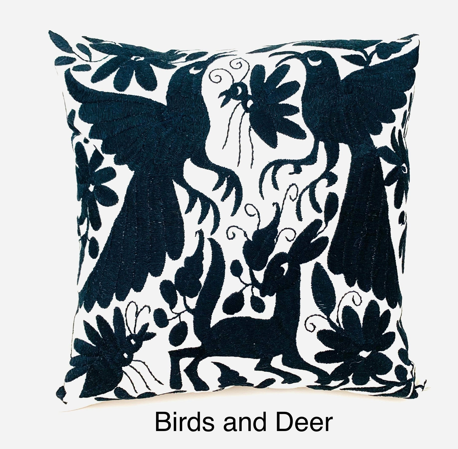 Mexican Otomi Embroidered Cushion Cover – Handmade Tenango Textile – Black (45x45cm)