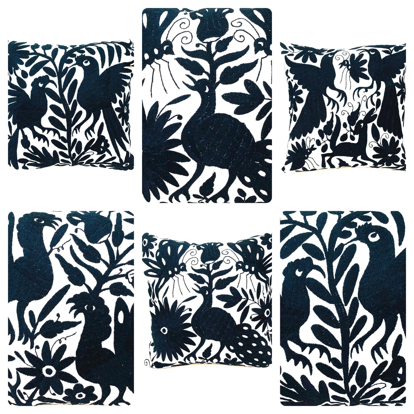 Mexican Otomi Embroidered Cushion Cover – Handmade Tenango Textile – Black (45x45cm)