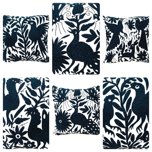 Mexican Otomi Embroidered Cushion Cover – Handmade Tenango Textile – Black (45x45cm)